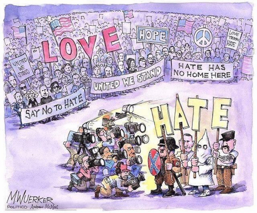 cartoon showing all of the media focused on a minority of "haters" while ignoring the massive crowd of those for unity, love and peace